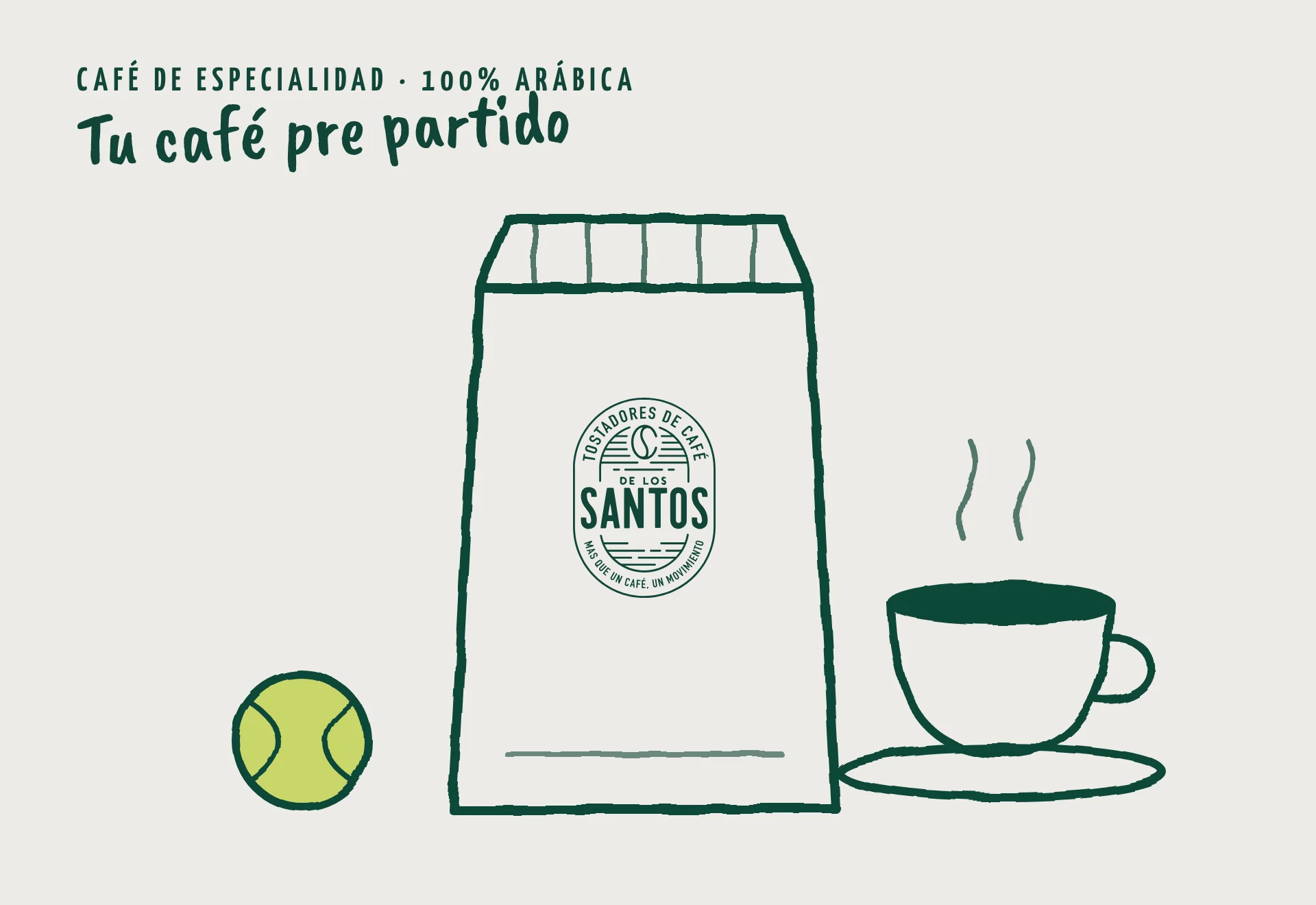 Paquete de café de especialidad Café de los Santos, taza y pelota de pádel