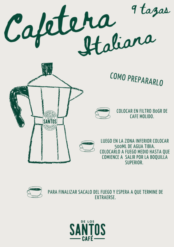 Guía para preparar café De Los Santos en cafetera italiana de 9 tazas: 80 g de café molido y 500 ml de agua