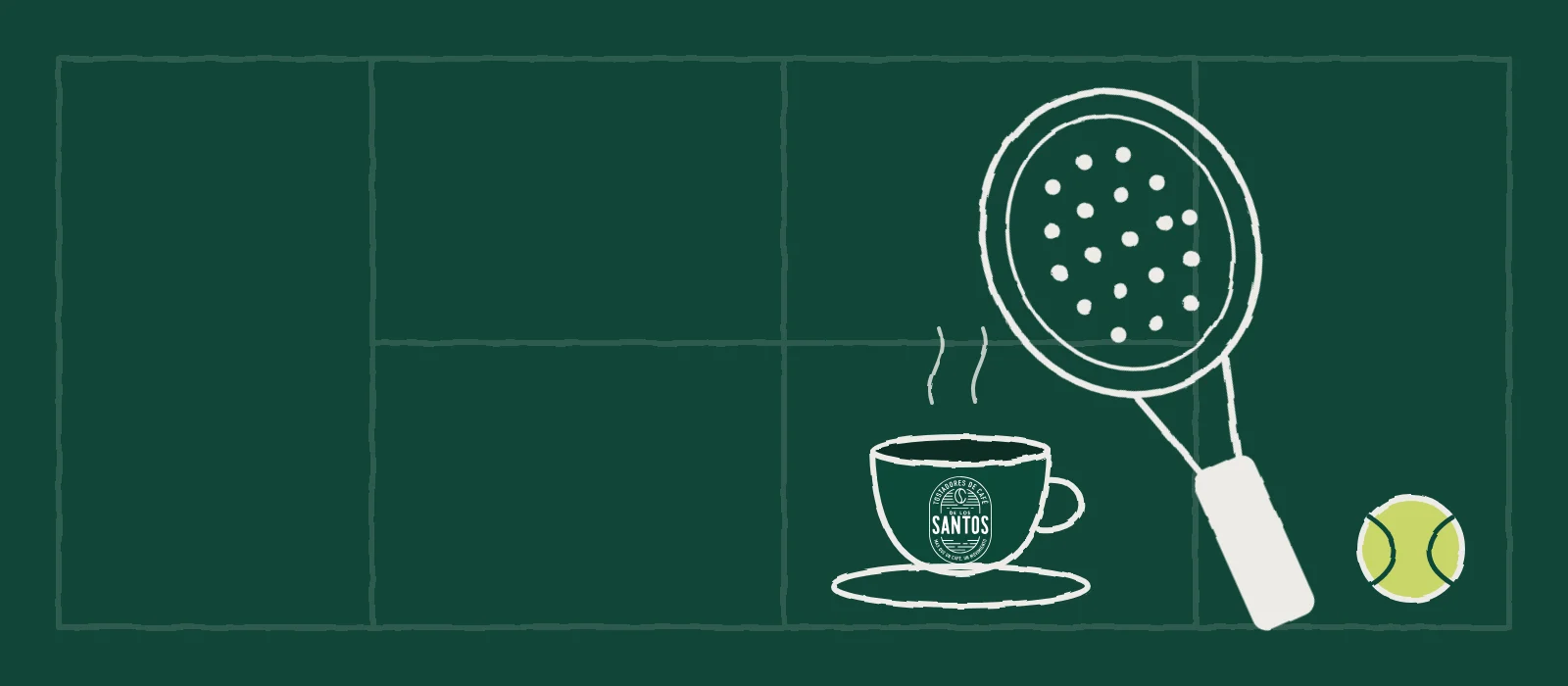 Ilustración de paleta de pádel, pelota y taza de Café de los Santos sobre una cancha
